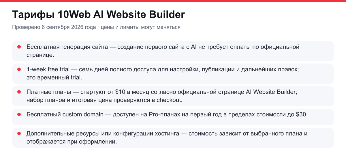 тарифы 10Web AI Website Builder