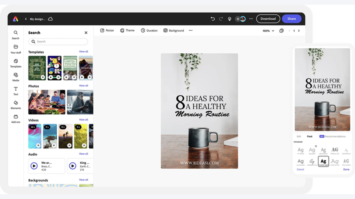 рабочий интерфейс Adobe Express