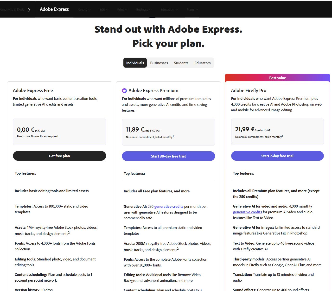тарифы и условия доступа Adobe Express с Firefly