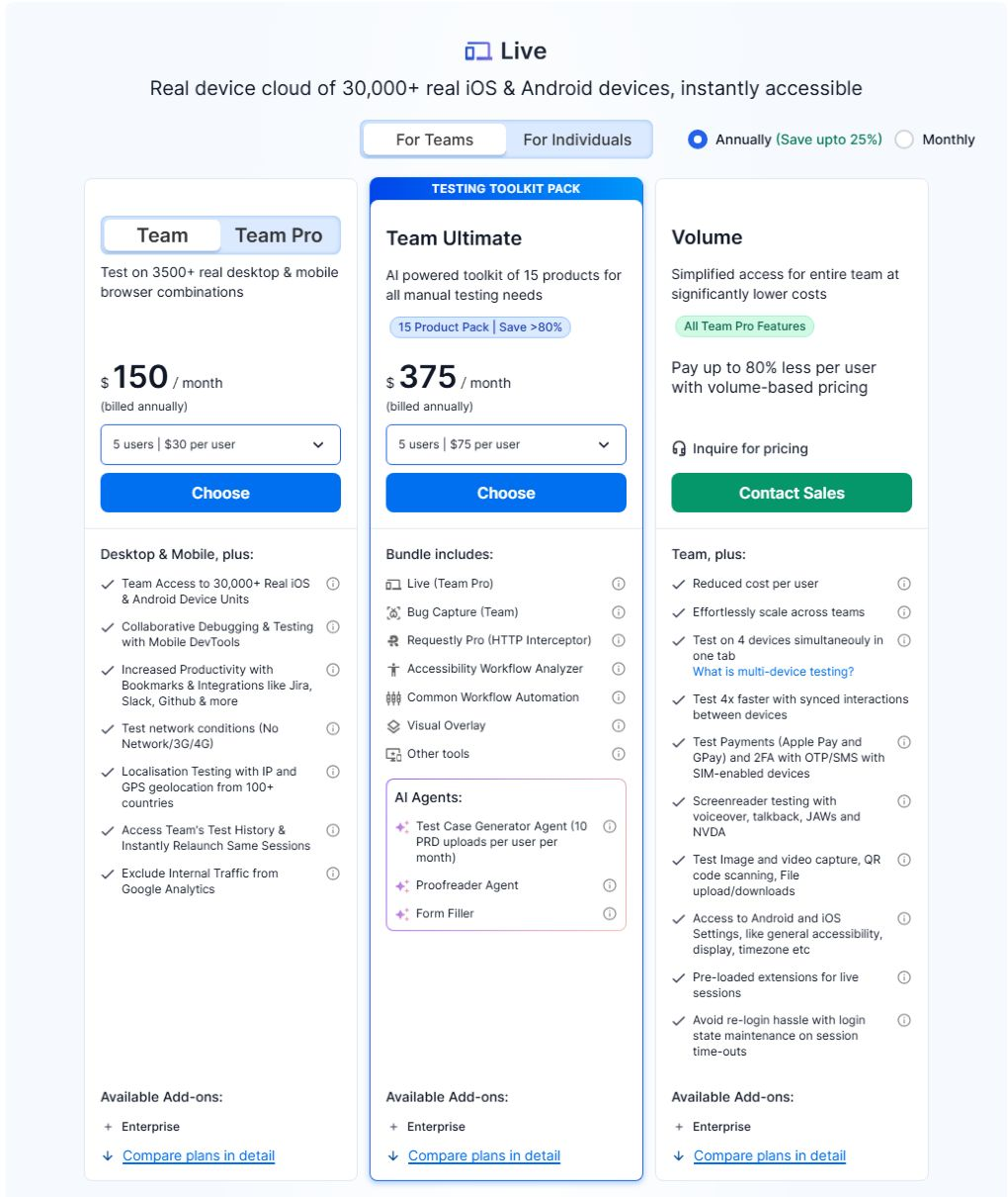 Официальные тарифы сервиса BrowserStack AI Agents