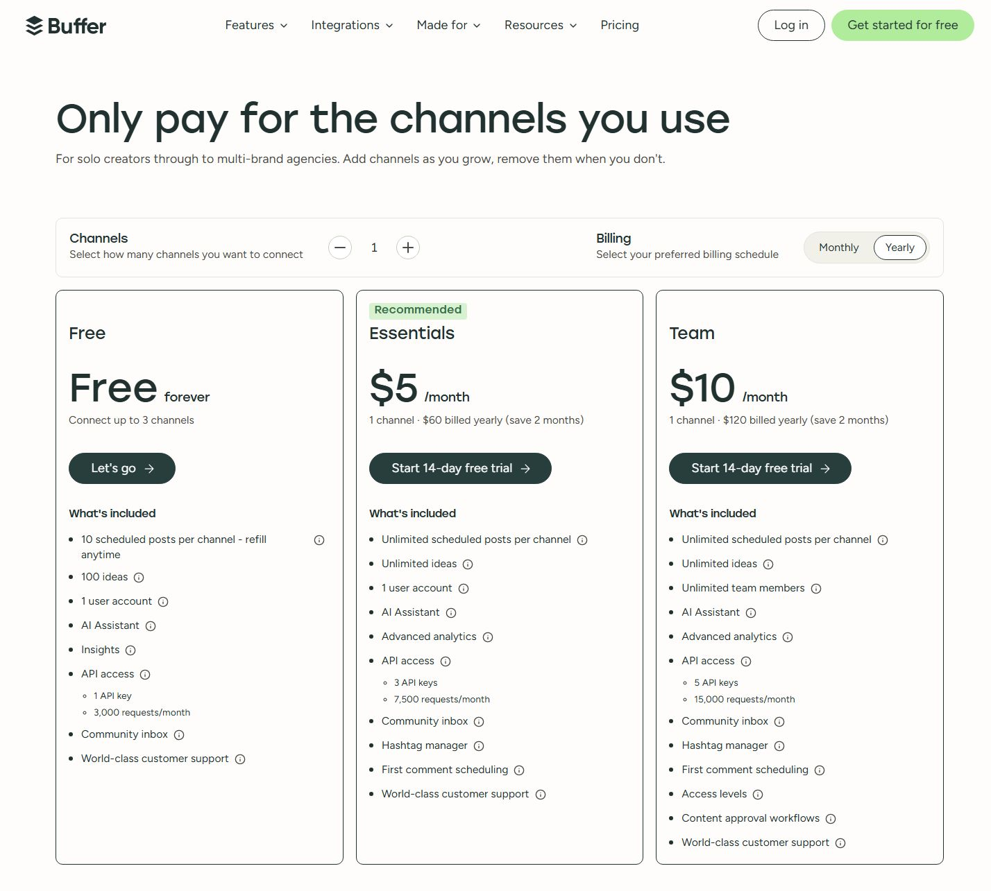 полные тарифы Buffer Free Essentials и Team