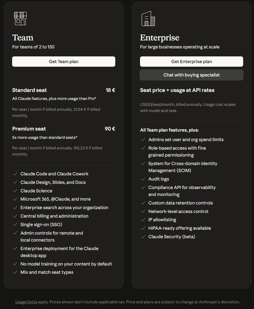 официальные тарифы Claude Team и Enterprise