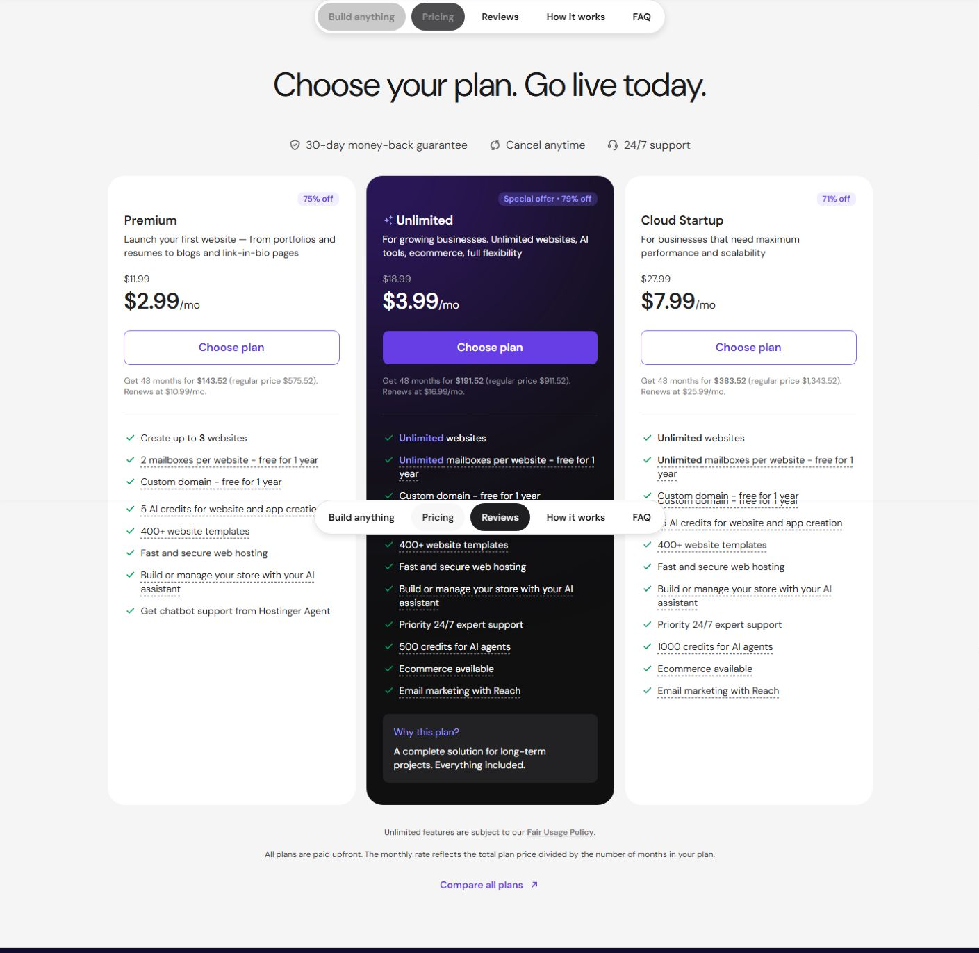 Официальные тарифы сервиса Hostinger AI Website Builder