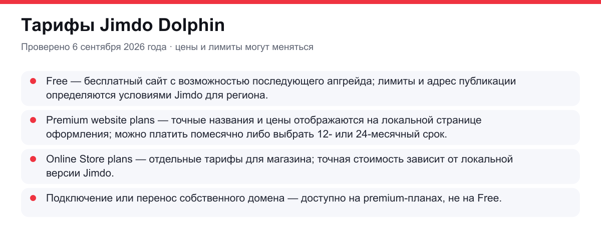 тарифы Jimdo Dolphin