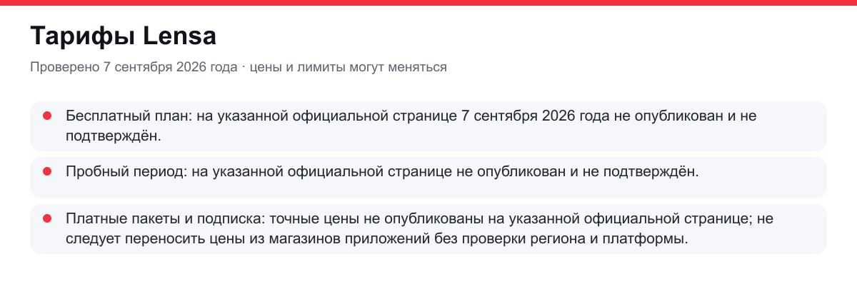 тарифы Lensa