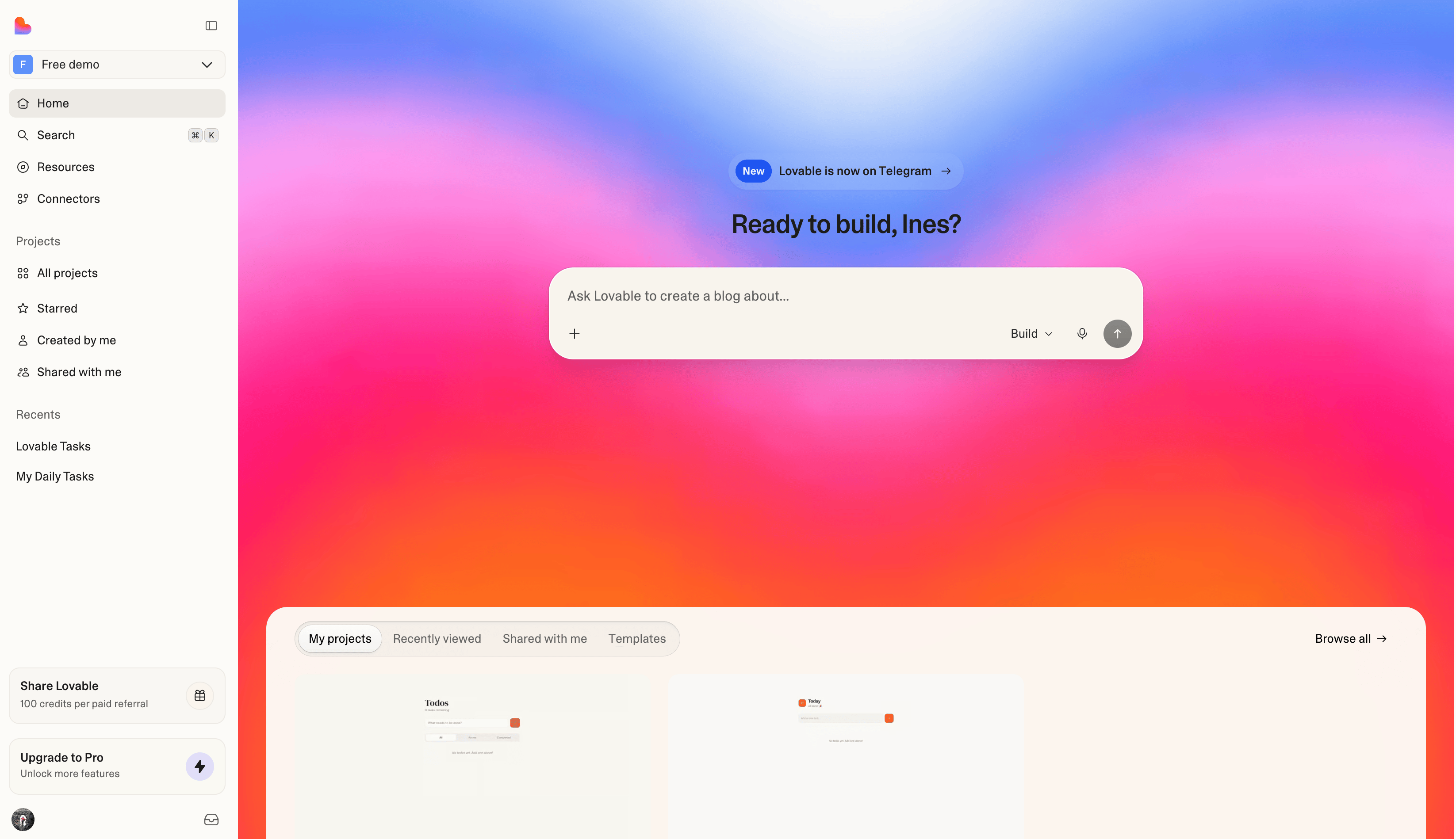 Официальный интерфейс или экран сервиса Lovable
