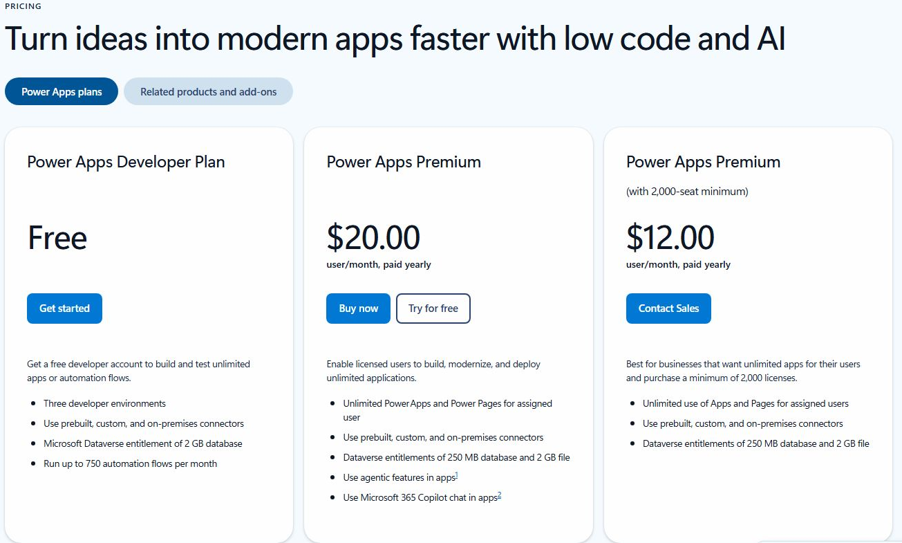 Официальные тарифы Microsoft Power Apps