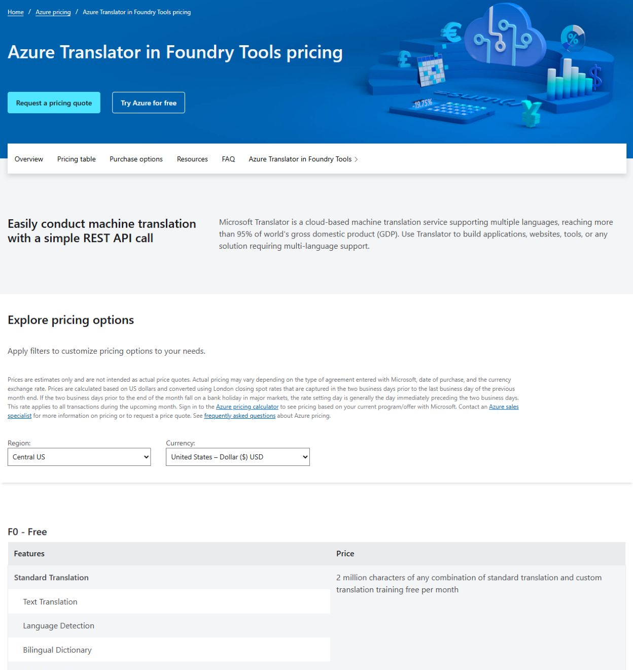 Тарифы Microsoft Translator