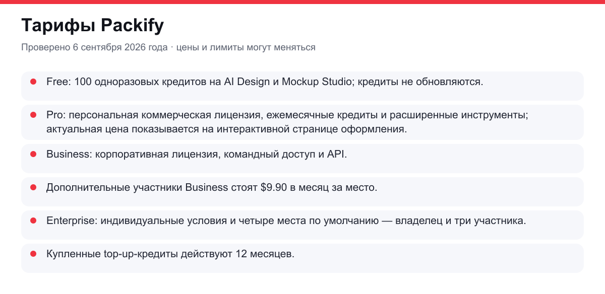 тарифы и условия доступа Packify