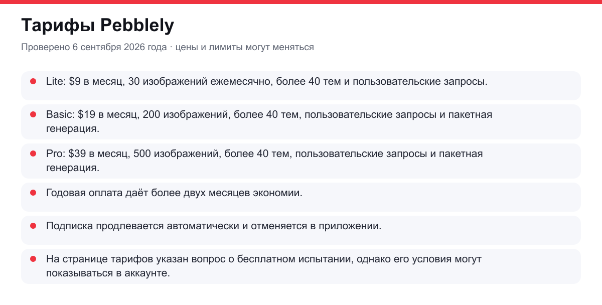 тарифы и условия доступа Pebblely