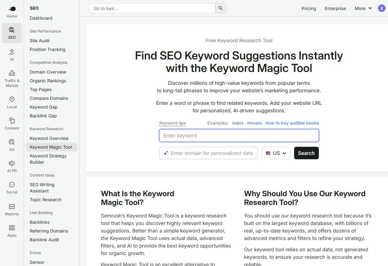 Интерфейс Semrush для SEO-анализа конкурентов