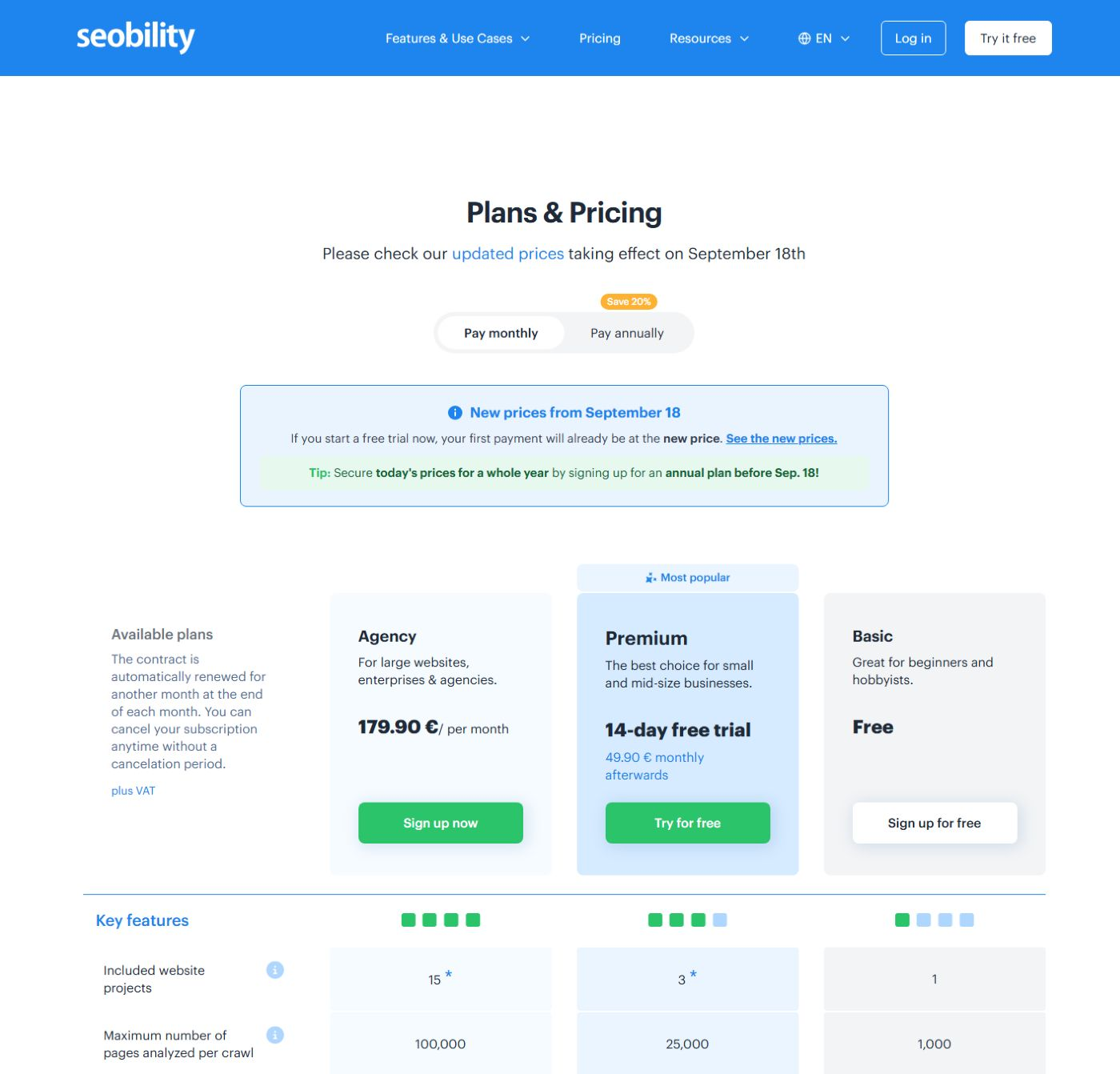 Официальные тарифы Seobility