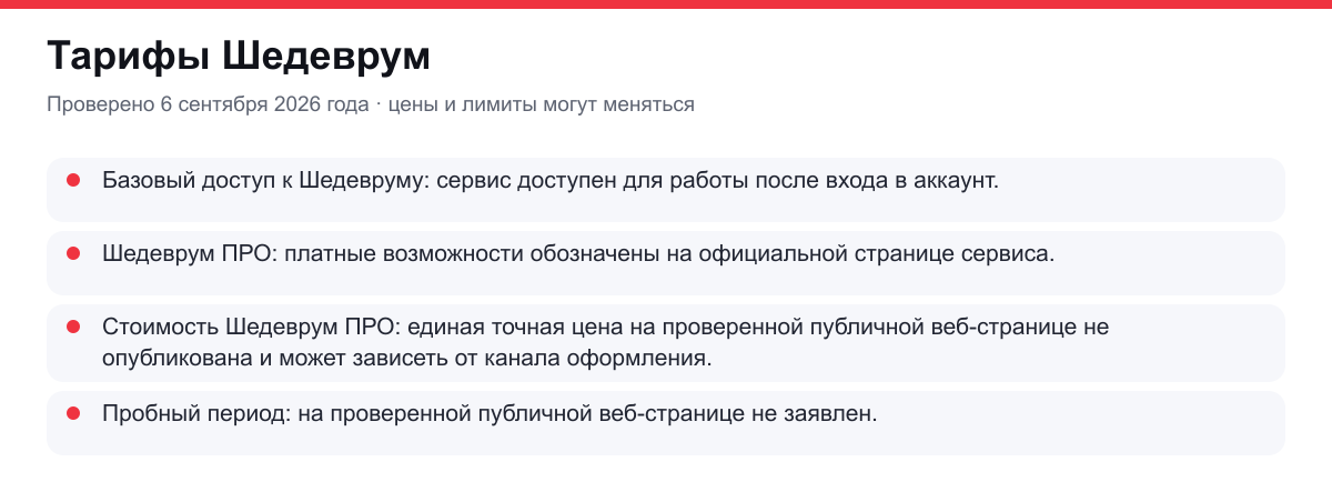 тарифы Шедеврум
