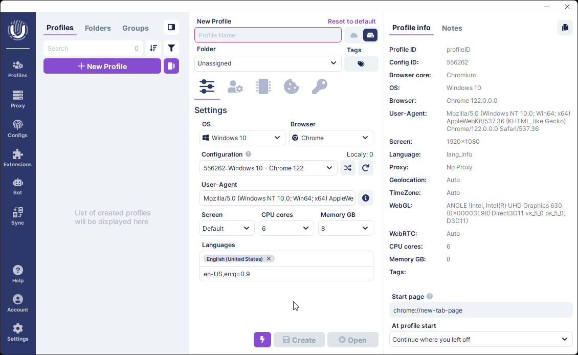 рабочий интерфейс Undetectable.io &mdash; официальный экран создания профиля