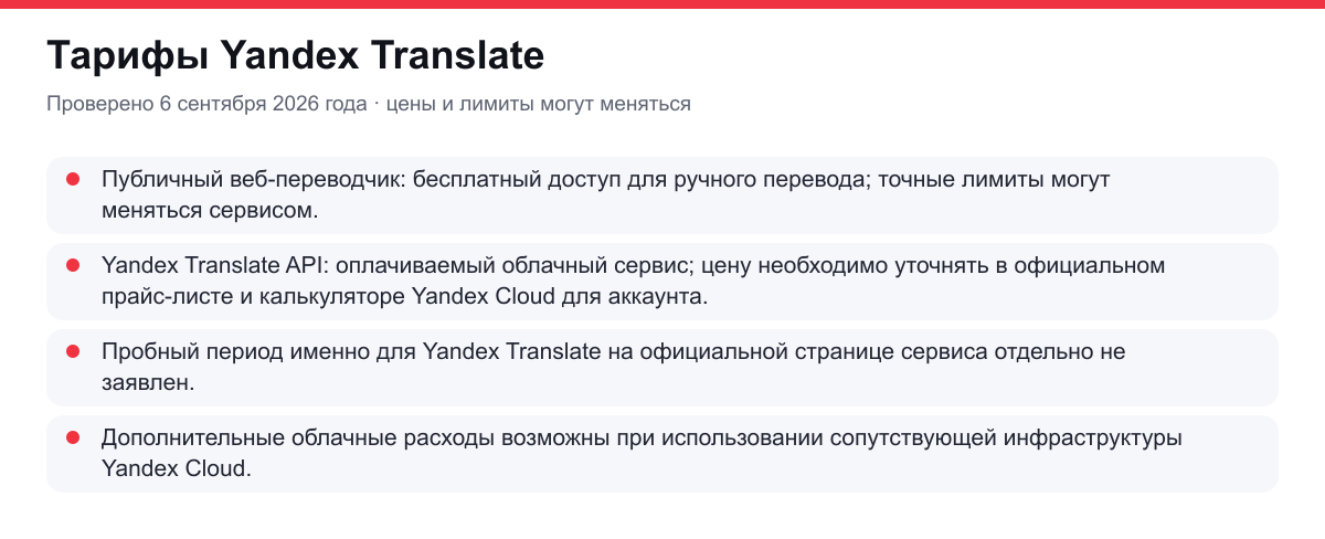 тарифы Yandex Translate