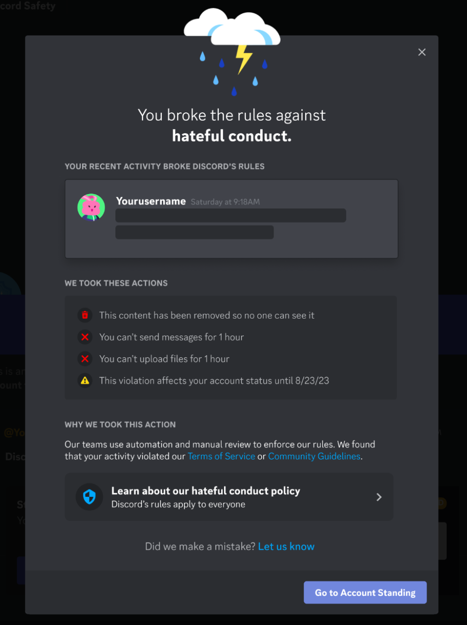 уведомление Discord о санкции и переходе к состоянию аккаунта