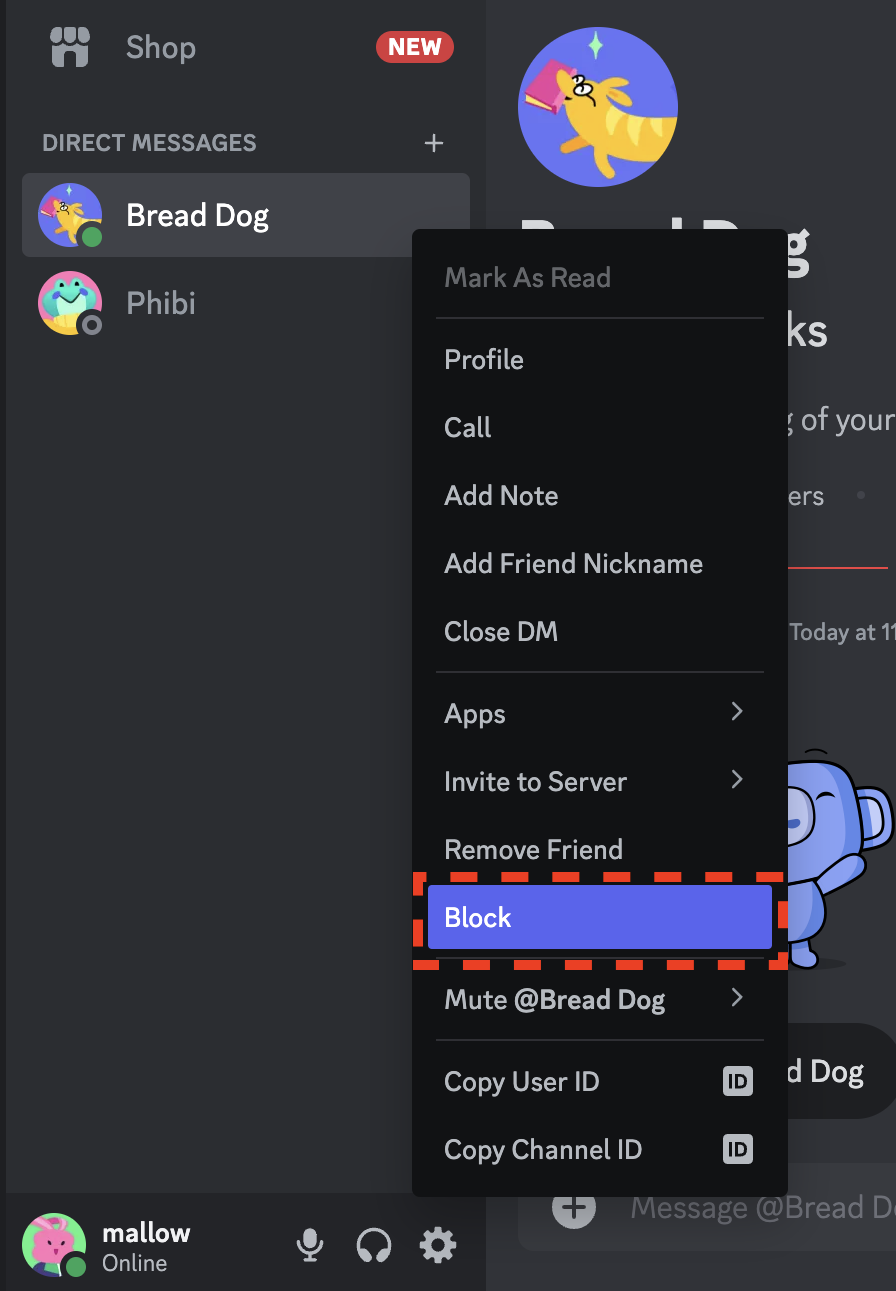 пункт Block в контекстном меню пользователя Discord на компьютере