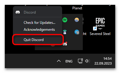 выход из Discord через область уведомлений Windows