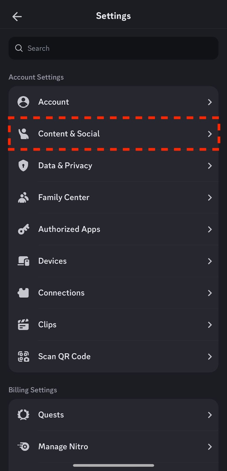 раздел Content & Social в мобильных настройках Discord