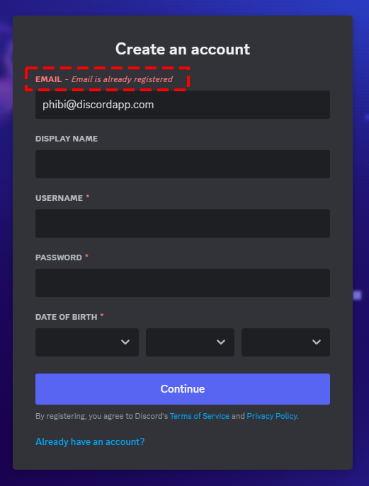 ошибка email уже зарегистрирован в discord
