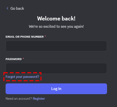 ссылка восстановления пароля на странице входа discord