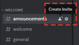 пункт Create Invite рядом с каналом сервера Discord