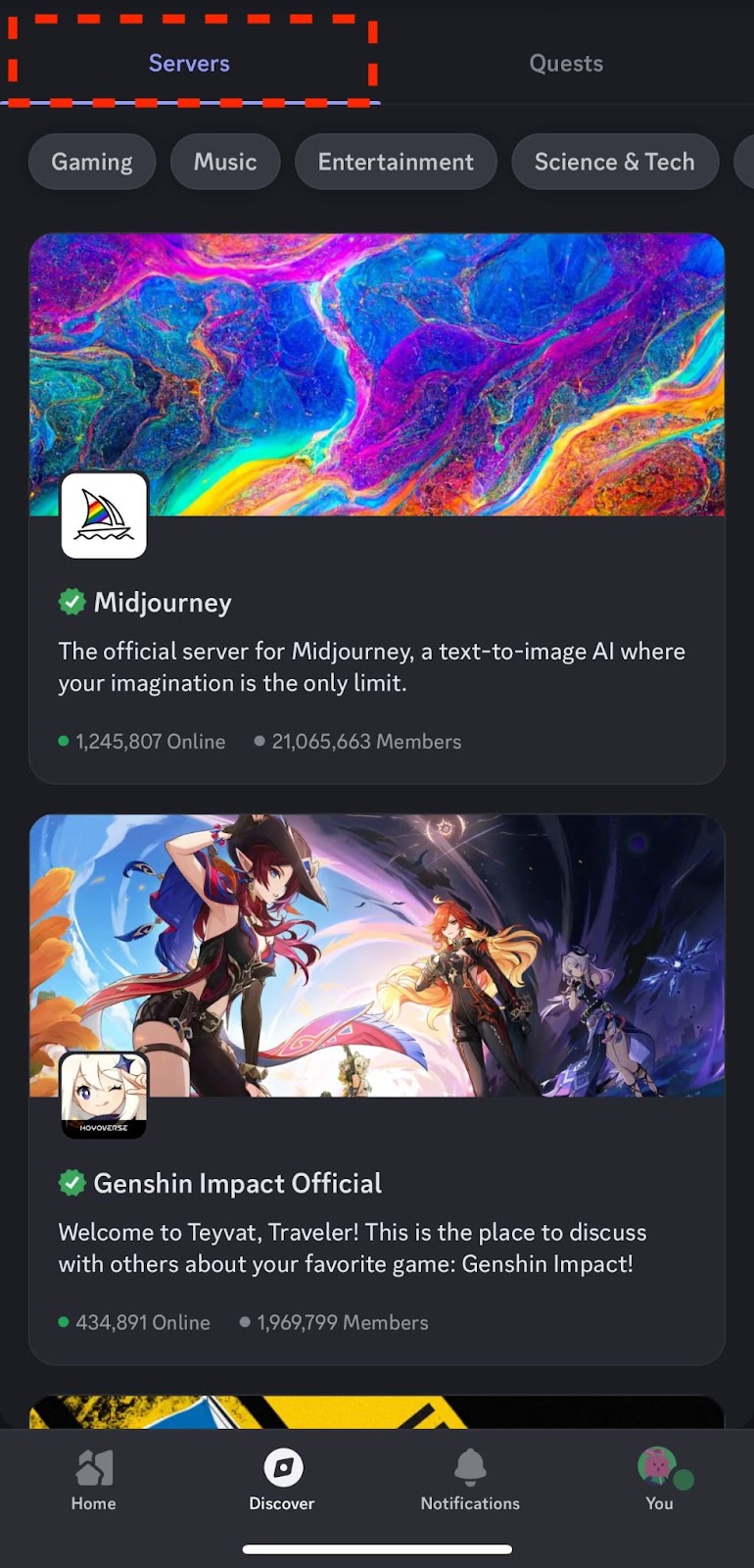 вкладка Discover с серверами в мобильном Discord