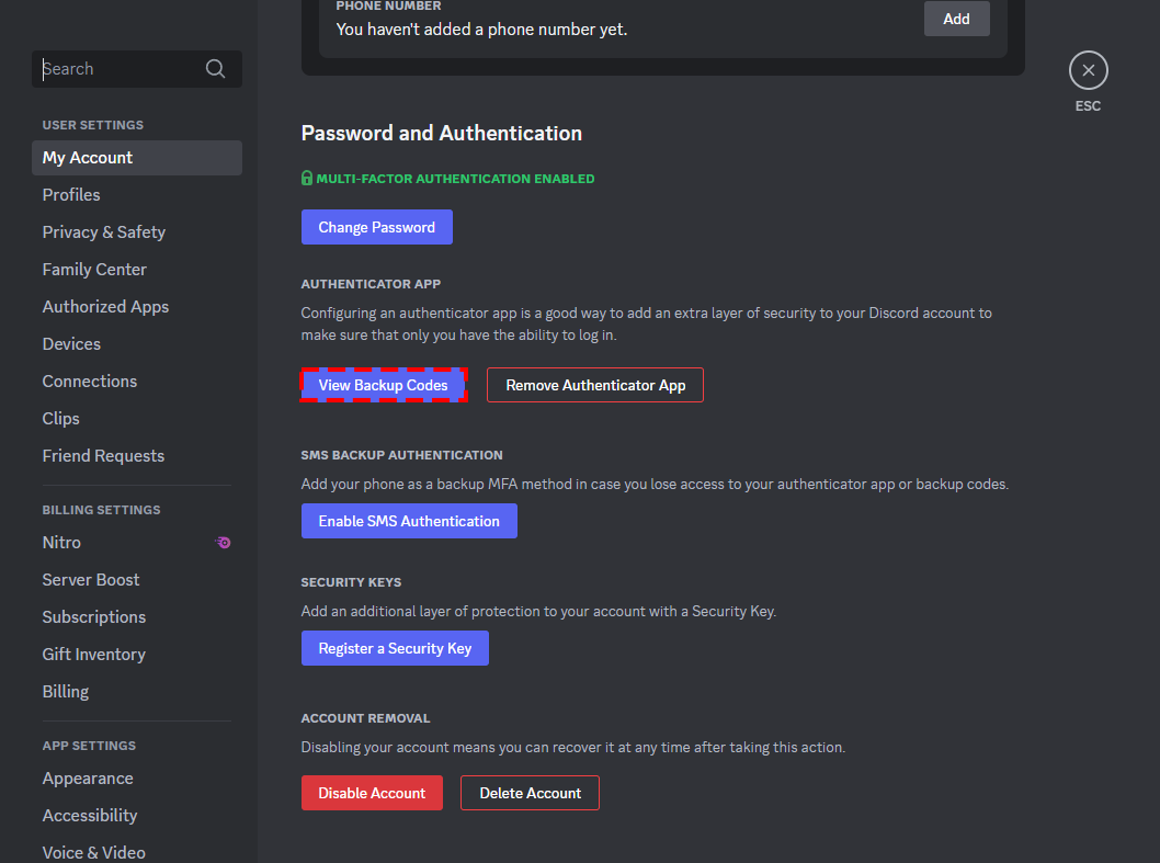 настройки mfa в разделе my account discord