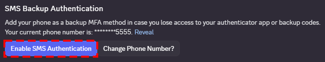 кнопка enable sms authentication в discord