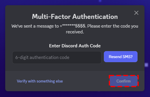 поле sms подтверждения mfa discord