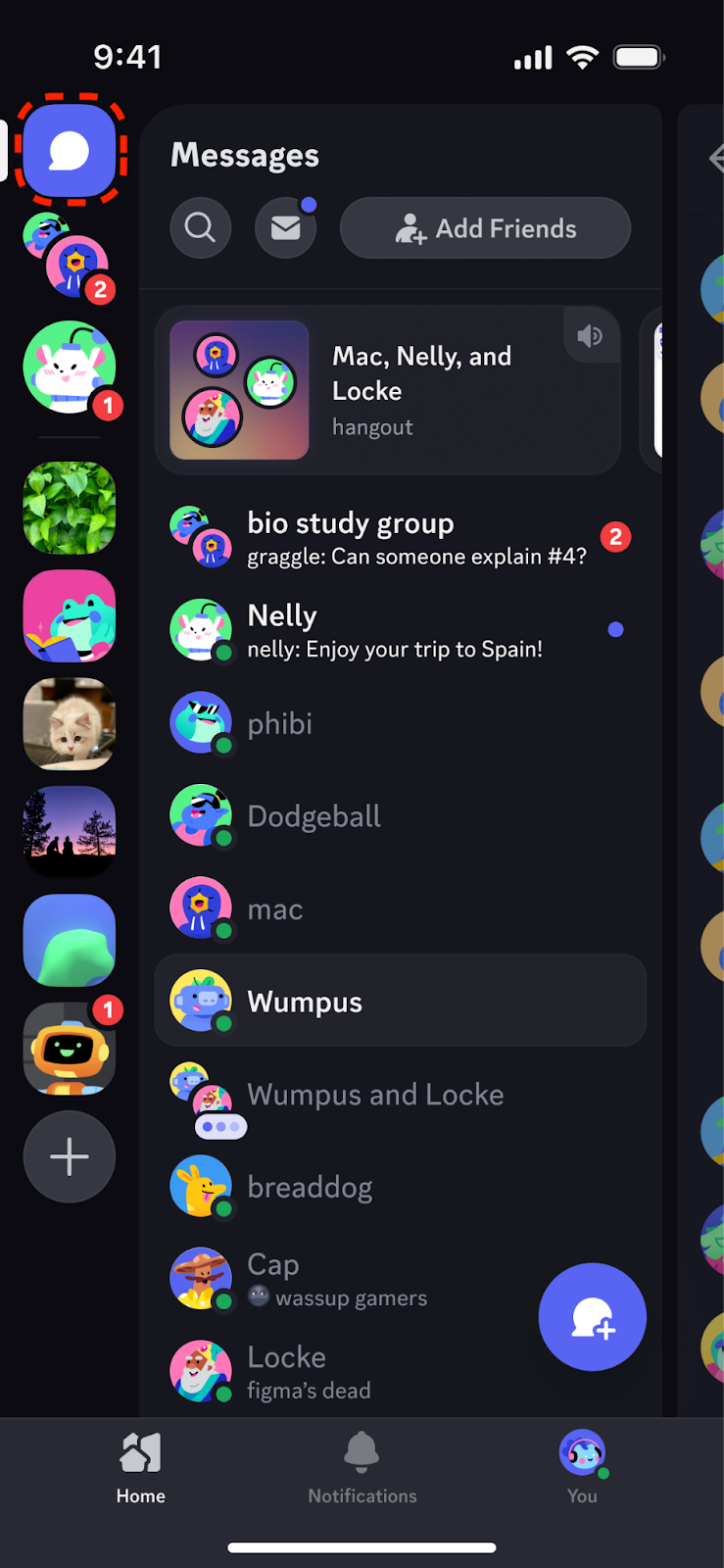 вкладка сообщений в мобильном приложении Discord