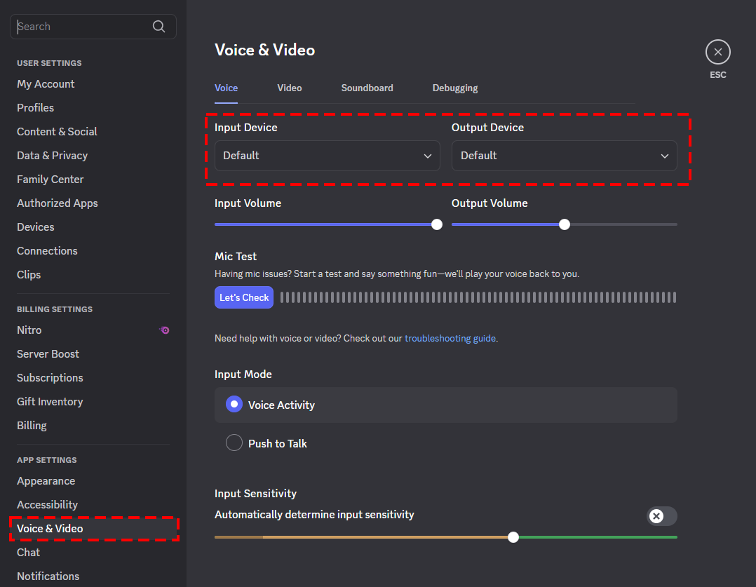 выбор устройства ввода и проверка микрофона в Discord