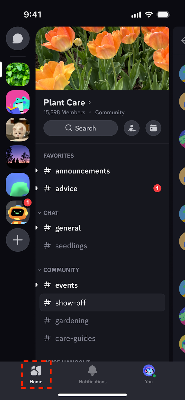 список серверов и каналов в мобильном Discord
