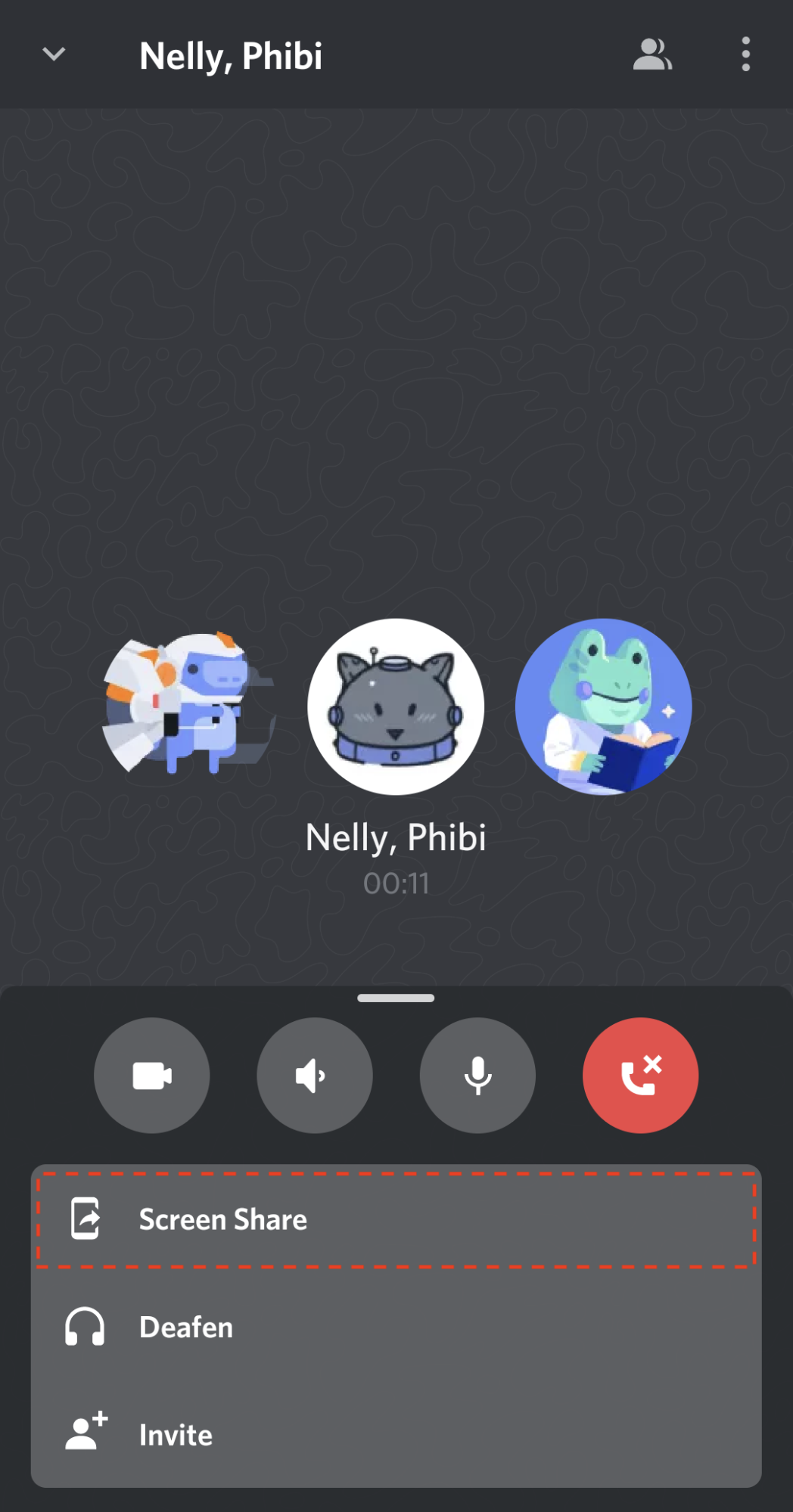 пункт Screen Share в панели голосового звонка Discord