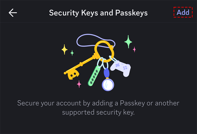 кнопка добавления passkey в мобильном discord
