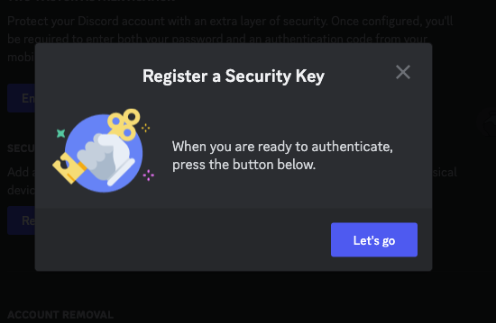регистрация ключа безопасности в discord