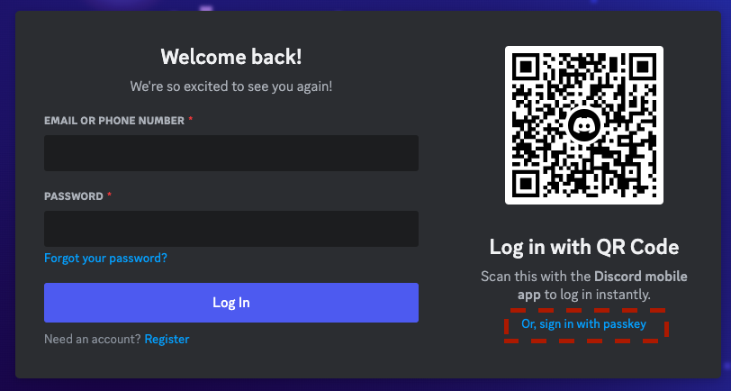 ссылка входа через passkey на странице discord