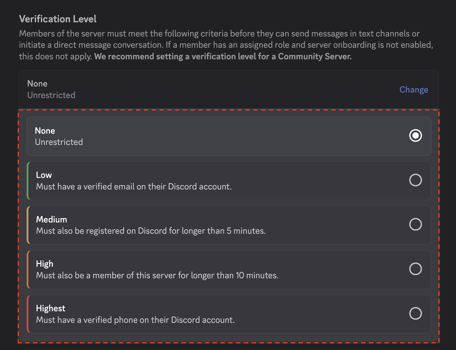 список уровней верификации сервера discord