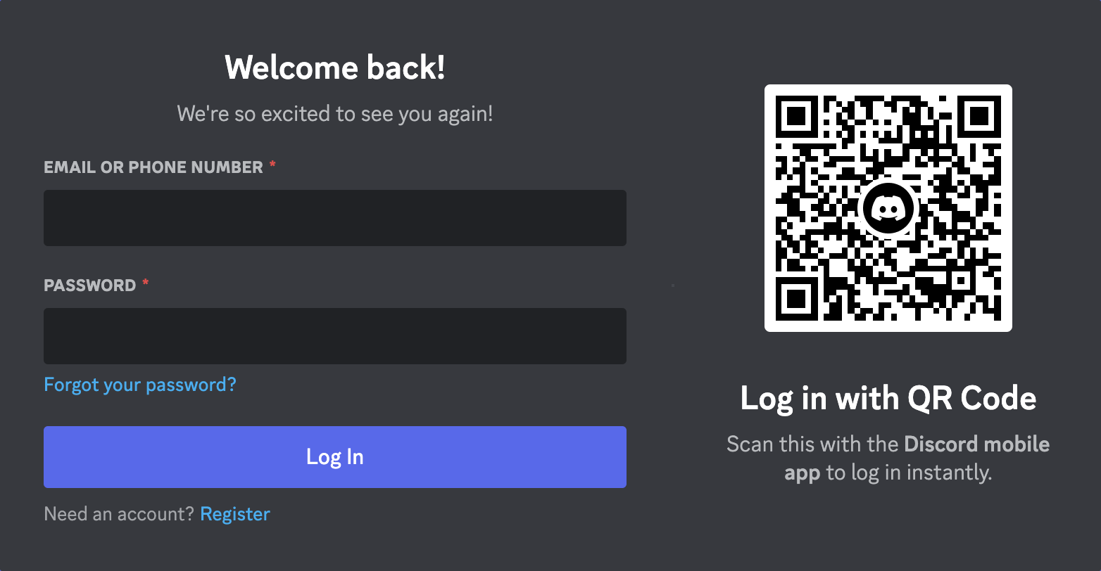 QR-код на странице входа Discord