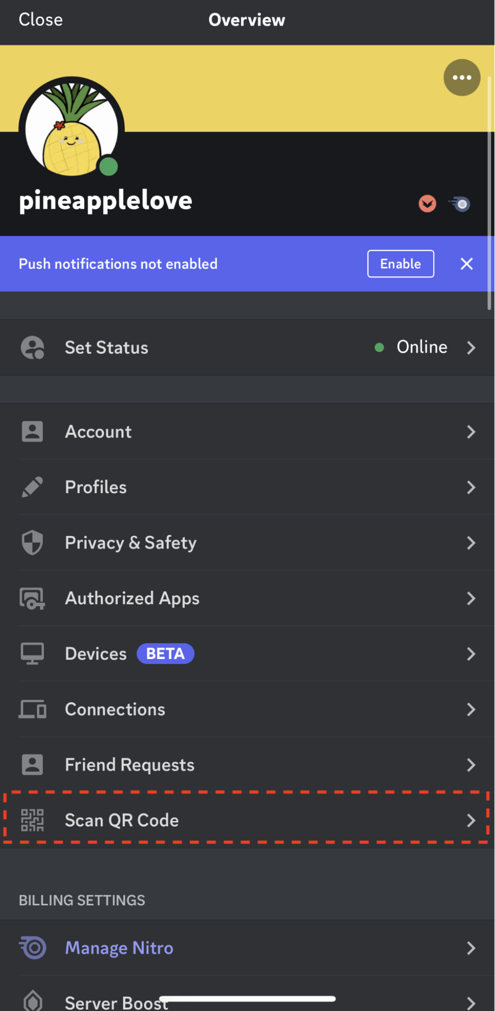 Пункт Scan QR Code в Discord