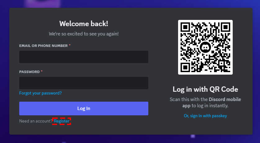 кнопка регистрации на официальной странице входа discord