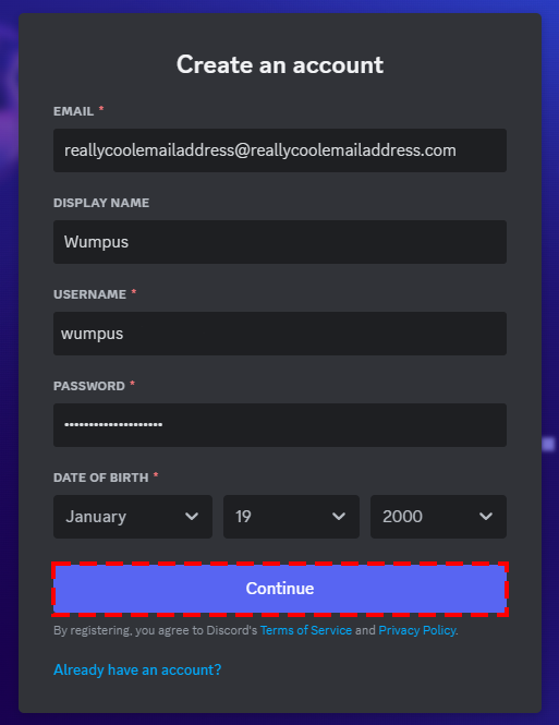 поля создания аккаунта discord в браузере