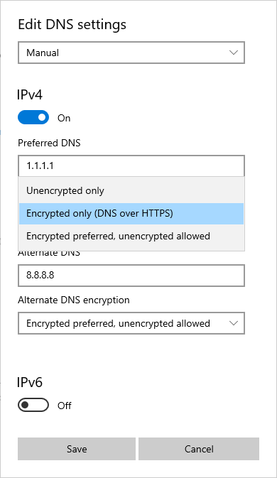 окно редактирования DNS с выбором ручного режима