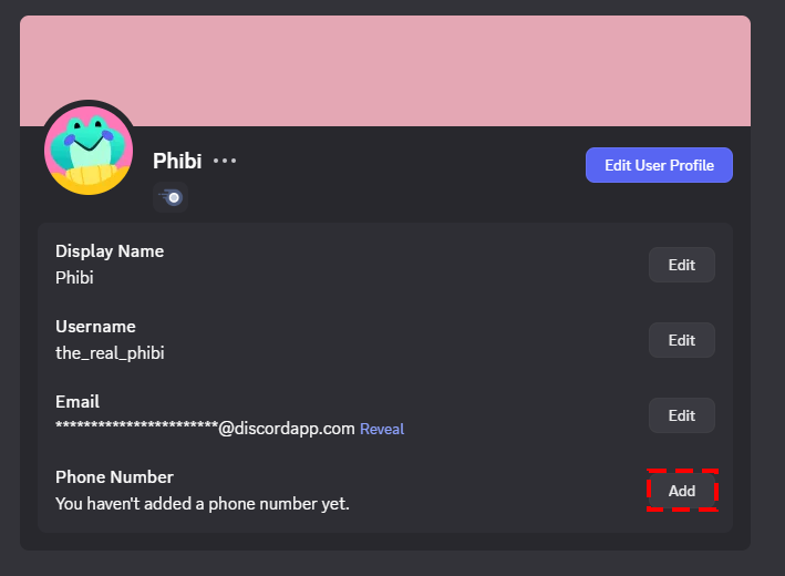 Добавление номера телефона в настройках Discord