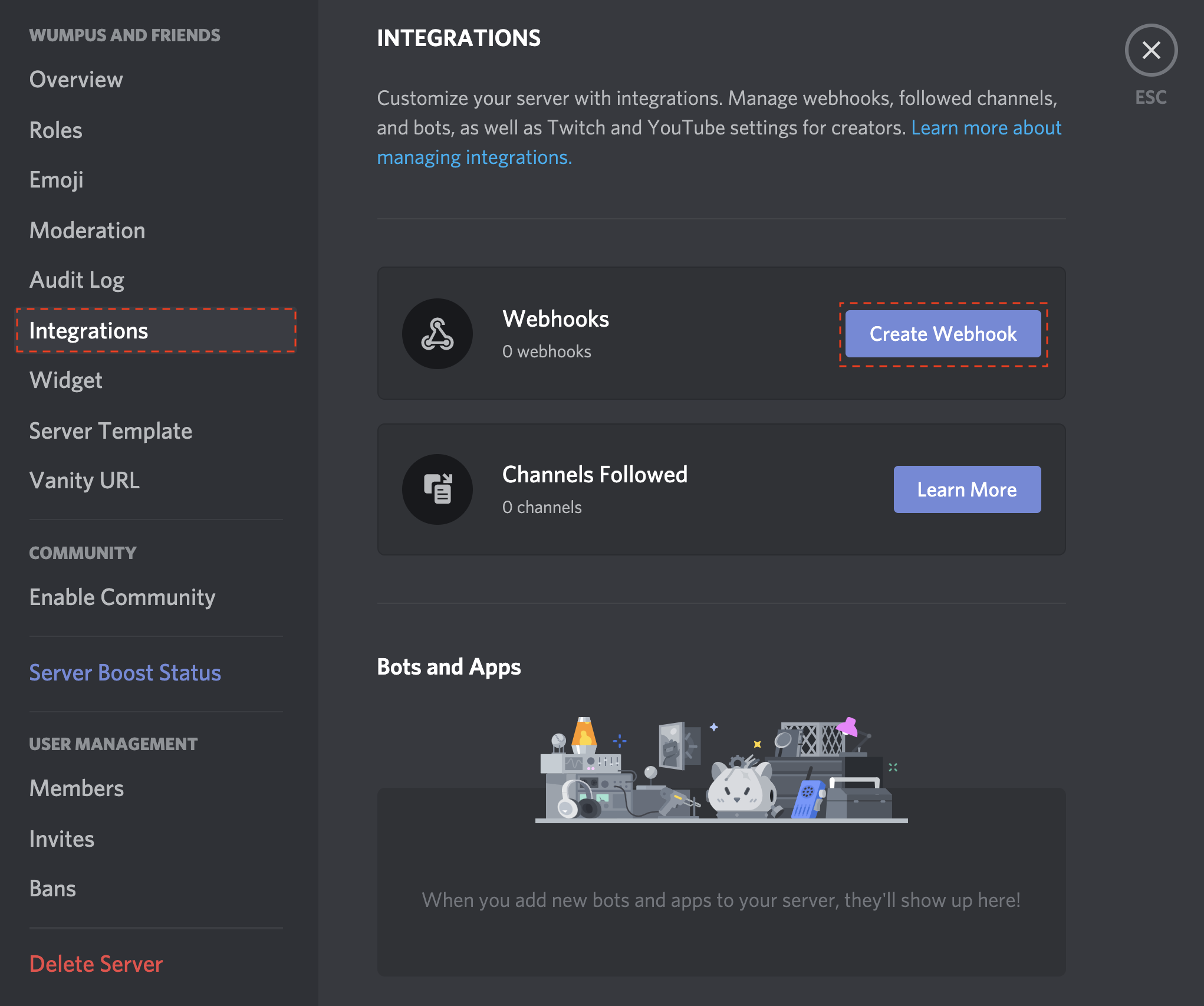 раздел интеграций сервера Discord с кнопкой создания вебхука