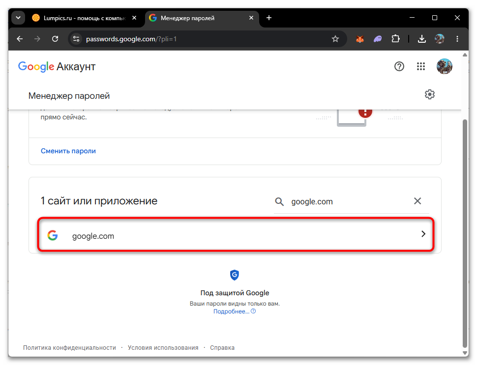 карточка сохранённого логина google со скрытым паролем
