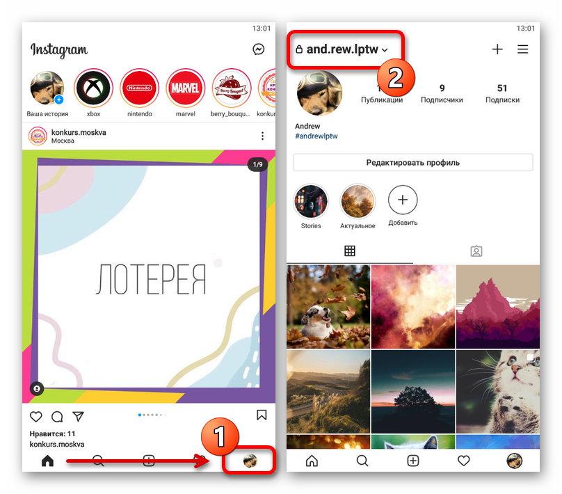 логин в шапке профиля instagram в приложении