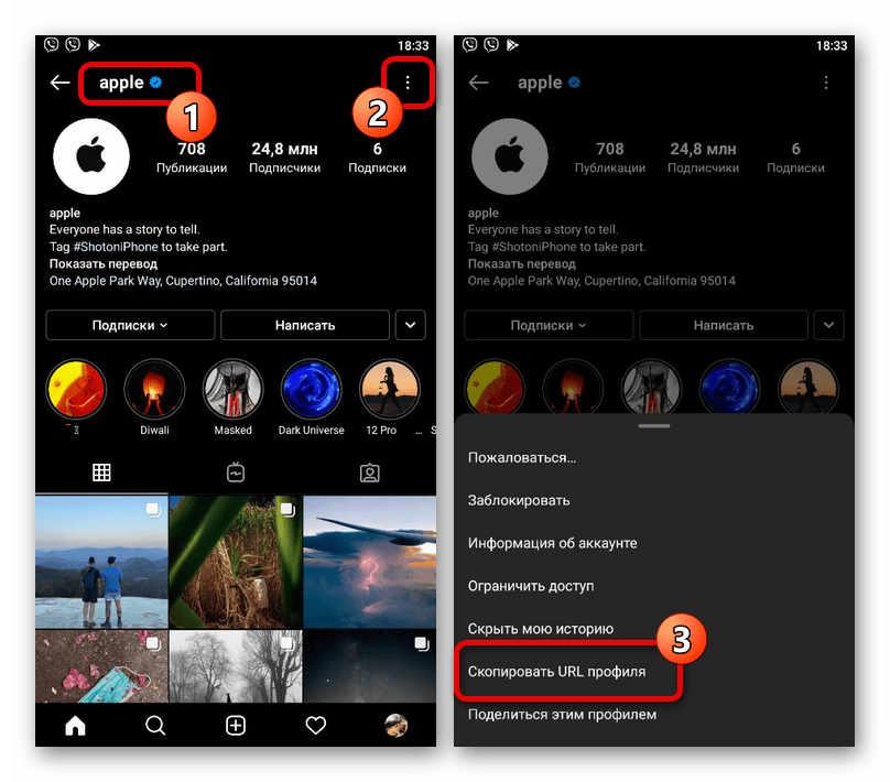 копирование ссылки на профиль в приложении instagram