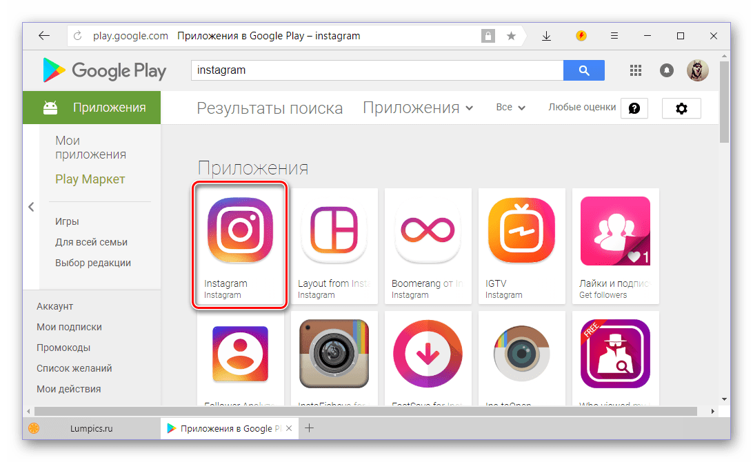 карточка instagram в веб-версии google play