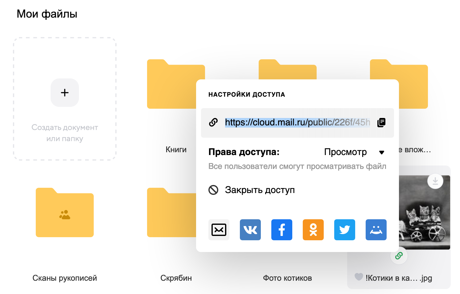 настройки доступа по ссылке в облаке mail